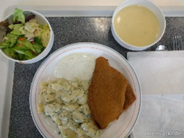 Paniertes Schollenfilet (Fi,Gl,La,Sf) mit Zitronen-Joghurt-Dip (La), Kartoffelsalat (1,5,9,Gl,Ei,Sw,Sf,So) und Salat