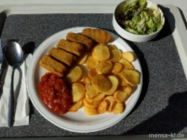 Gemüsekroketten (Gl,Sl) mit Salsa-Dip (Sf) und Pommes-Chips, dazu Salat