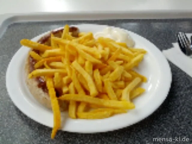 Mediterrane Grillbratwurst mit Mozzarella, Tomate und Basilikum (3,4,R,S), dazu Pommes-Frites