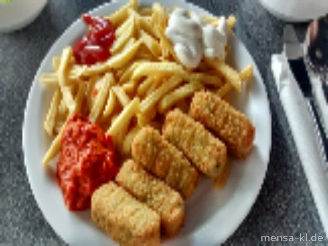 Gemüsekroketten (1,2,3,V,Lfrei,V+) mit Ajvar-Dip (V,Lfrei,V+), Pommes frites (V,Lfrei,V+) und Salat (V,Lfrei,V+) | Laktosefrei | Vegan