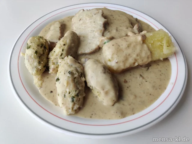 Pfälzer Knödelteller mit Hoorische (1,2,5,Sw,V), Schneebällchen (Gl,Ei,V) und Weckknödel (Gl,Ei,La,V), Pilzrahmsoße (Gl,La,V) und Salat (V)