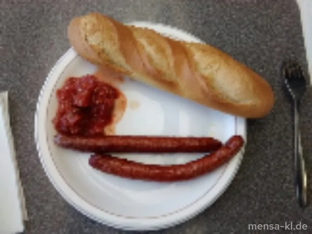 Zwei Merguez (französische Wurstspezialität) (1,2,4,Sl,Sf,So,R,L) mit Harrisa-Dip und einem Baguettebrötchen (Gl)