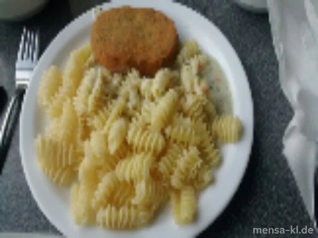 Gemüseschnitzel (V) mit Frischkäse-Kräutersoße (V,A), Eiernudeln (V) und Salat (V)