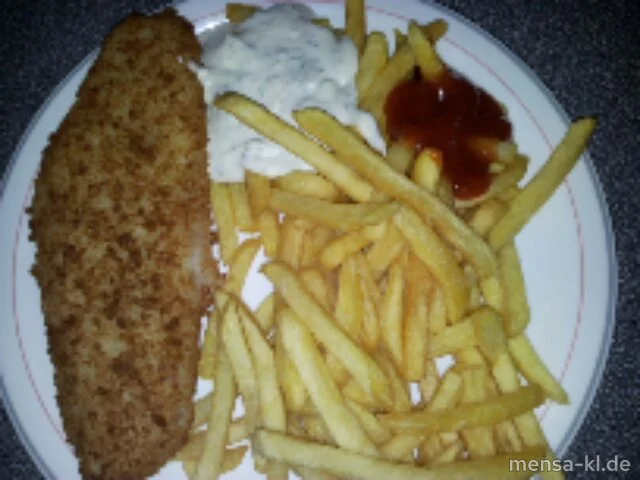 Paniertes Seelachsfilet (F) mit Joghurt-Remoulade (1), Pommes-Frites und Salat