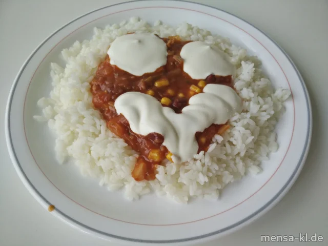 Gemüse-Chili (Sl,V) mit Sour Cream-Dip (9,Gl,Ei,La,So,V), Reis (V) und Salat (V)