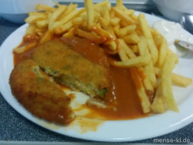 Gemüseschnitzel (Gl,Ei,La,Sl) mit Paprikasoße (2,9,La,Sf), Pommes frites und Salat