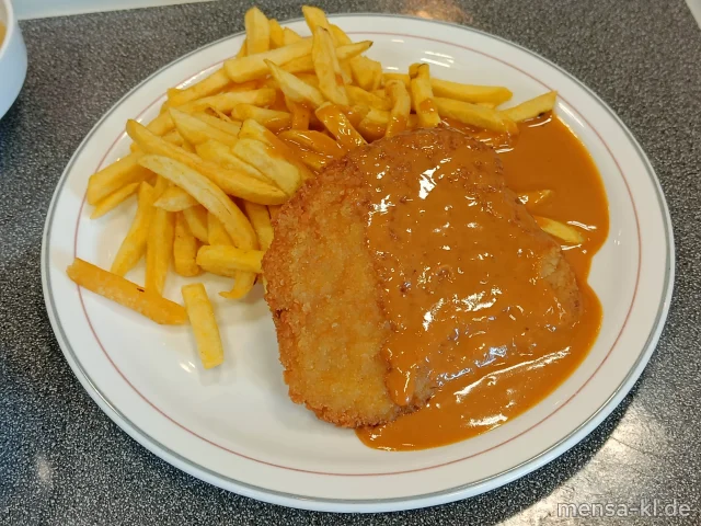 Paniertes Schweineschnitzel (Gl,Ei,S) mit Rahmsoße (Gl,La), Pommes frites und Erbsen-Karotten-Gemüse (Gl)