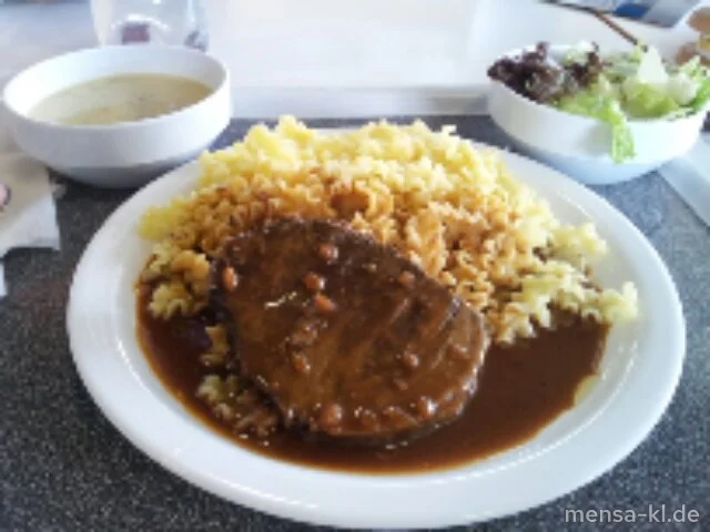 Rinderbraten (3,4,R) mit Burgundersoße, Eiernudeln und Salat
