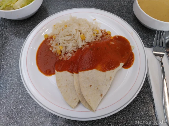 Enchilada mit Gemüsefüllung (1,2,Gl,Sf,So), Salsa Casera (4), Reis und Salat