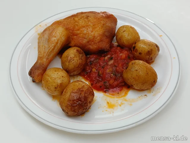Gebratene Hähnchenkeule (Sf,G) mit Mexikana-Salsa (4), gewürzte Drillinge und Pfannengemüse