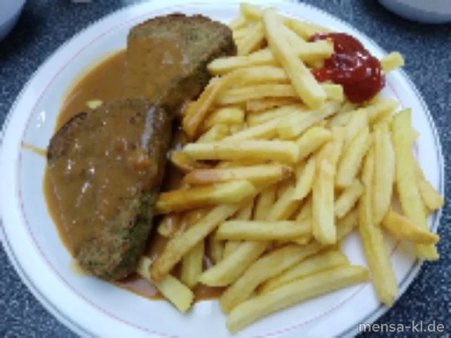 Broccoli-Nussecke (1,Gl,Nu,Ei,La,V) Rahmsoße (La,V), Pommes frites (V) und Salat (V)