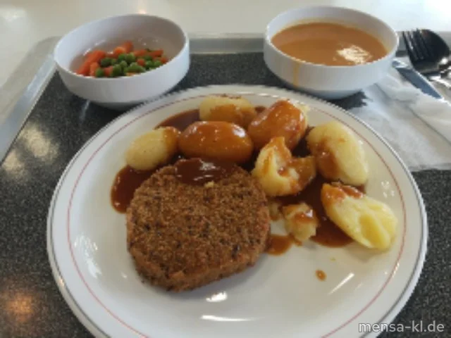 Pilzbratling (Gl,Ei,La,Sl,Se,V) mit Bratensoße (Sf,V), Butterkartoffeln (La,V) und Erbsen-Karotten-Gemüse (La,V)