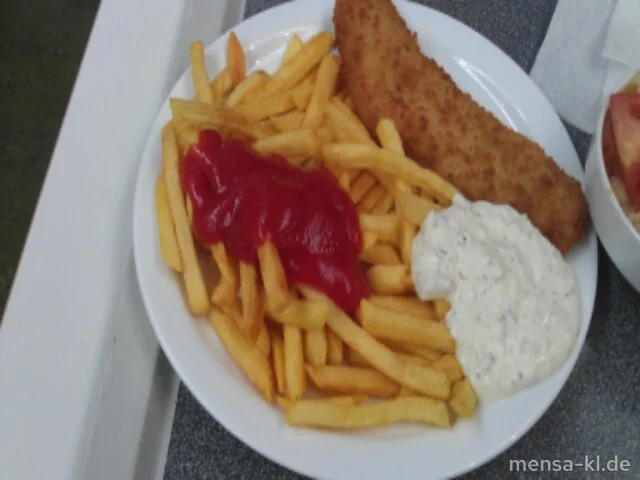 Paniertes Seelachsfilet (F) mit Dill-Remouladen-Dip (1,9), Pommes frites und Salat