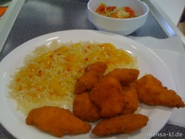 Hähnchencrossies mit Mango-Chili-Dip, Reis und frisches Wok-Gemüse