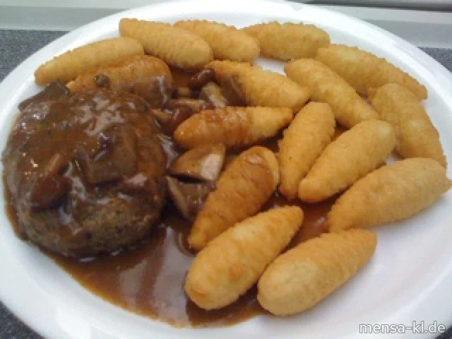 Pfälzer Wildschwein-Frikadelle (2/3) mit Pilzsoße, Kroketten (1) und Salat