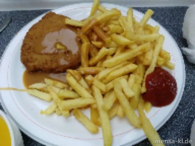 Paniertes Schweineschnitzel (Gl,S) Rahmsoße (La), Pommes frites und Salat