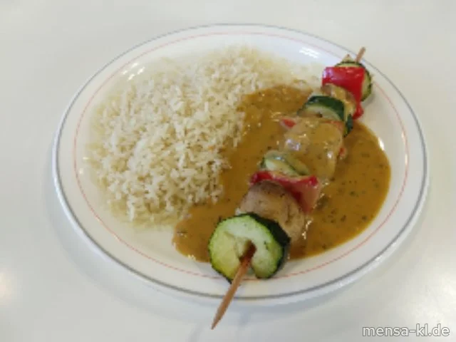 Gemüsespieß mit Kräuter-Rahmsoße (Gl,La,V), Reis (V) und Salat (V)