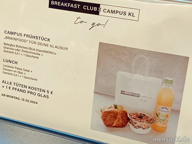 Beim Meet the Maker-Event von <a href="https://www.instagram.com/studierendenwerk_kl/">@studierendenwerk_kl</a> wurde der BREAKFAST CLUB X CAMPUS KL vorgestellt. Hier wird es im Atrium ab dem 12. Februar Frühstück und Lunch für jeweils 5€ geben. <a href="https://www.mensa-kl.de/uploads/2024/01/25/breakfast-club-x-campus-kl.jpg">Foto mit höherer Auflösung.</a>