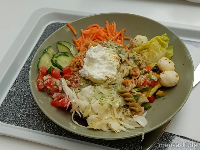 Bowl mit Blattsalat, Paprika, Tomaten, Gurken, Krautsalat (1,5,Gl,Nu,Sw,Sl,Sf), Karottensalat (Gl,Nu,Sf), Pastasalat mit Pesto (1,Gl,Nu), veganem Käse (1), Walnüssen und Cashews (Nu), dazu ein Basilikum-Dressing (1,5,Sw,Sf)