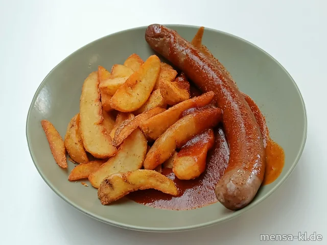 BIO Grillwurst (Ei,Sf,R,S) mit Currysoße (La,Sf) und Potato-Wedges