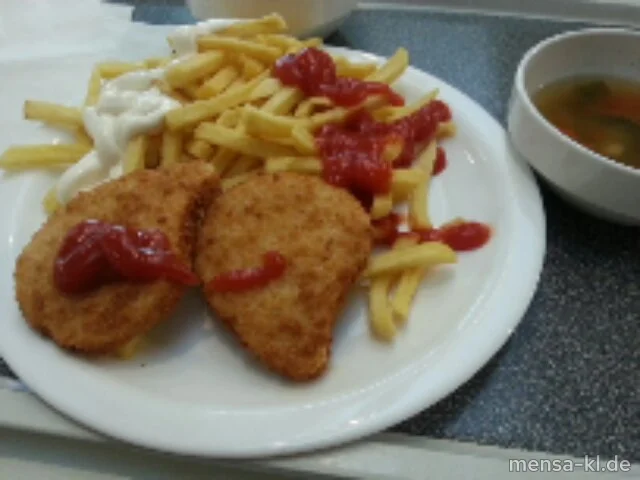 Schnitzel "Valess" (V) mit Pommes-Frites und Erbsen-Karotten-Gemüse