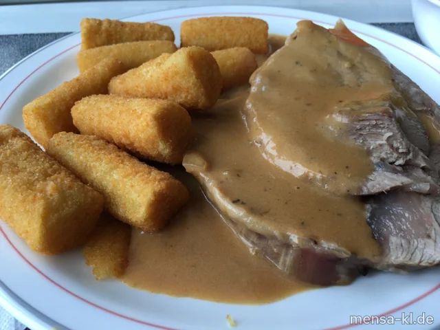 Kalbsbraten (K) mit Rahmsoße (La,Sf) und Kroketten (Gl)