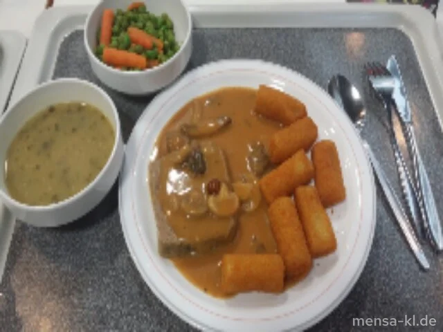 Hackbraten (3,S,4) mit Waldpilz-Rahmsoße (A), Kroketten (1) und Erbsen-Karotten-Gemüse (A)