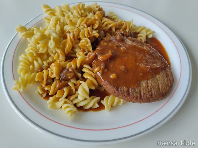 Pilz-Frikadelle (Gl) "Jäger Art" (Gl), High Protein Fusilli (Gl) und Salat (Sl)