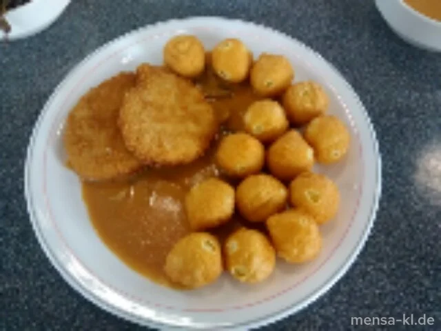 Schnitzel 'Valess' (V) mit Champignon-Rahmsoße (3,V,A), frittierten Kartoffelbällchen (V) und Salat (V)