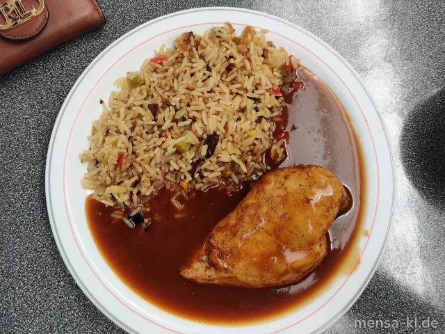 Hähnchenbrustfilet (G) "Raz el Hanout" (3,Gl,Sl,G) mit orientalischem Reis (Nu,Sl,Sf,Se) und Salat