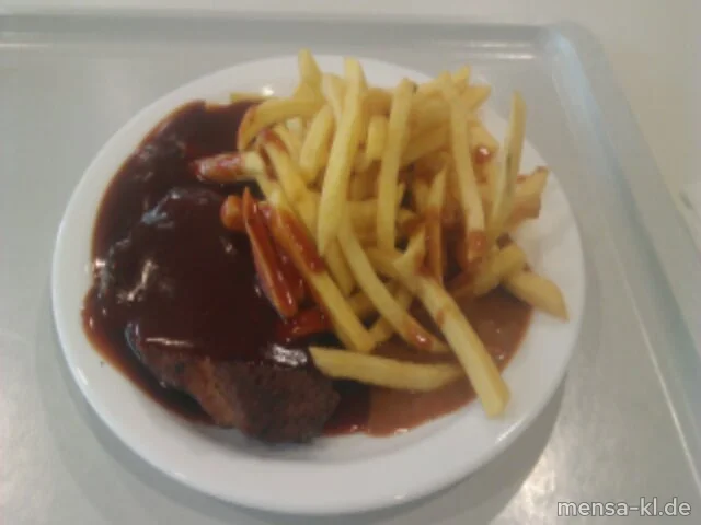 Schweinekammsteak (S) mit Barbecuesoße (1), Pommes-Frites und Salat