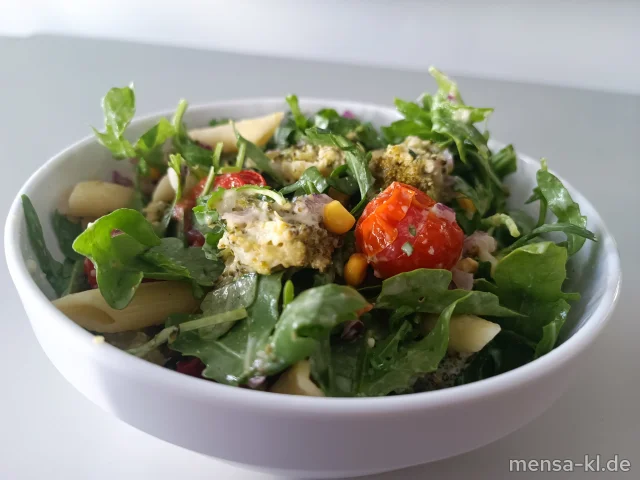 Vegetarischer Nudelsalat mit Broccoli und Ofentomaten (Gl), dazu Senf Dressing (La,Sf)