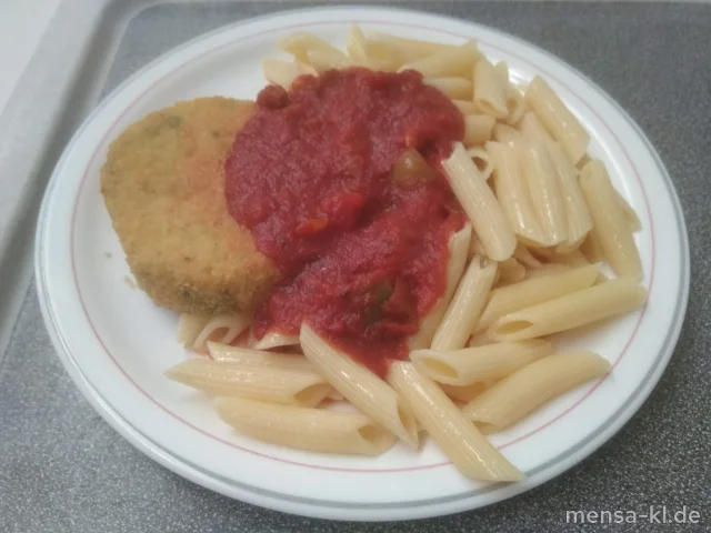 Gemüseschnitzel (Gl,Ei,La,Sl,V) mit Paprika-Tomatensoße (Gl,V), Penne Rigate (1,Gl,V) und Salat (V)