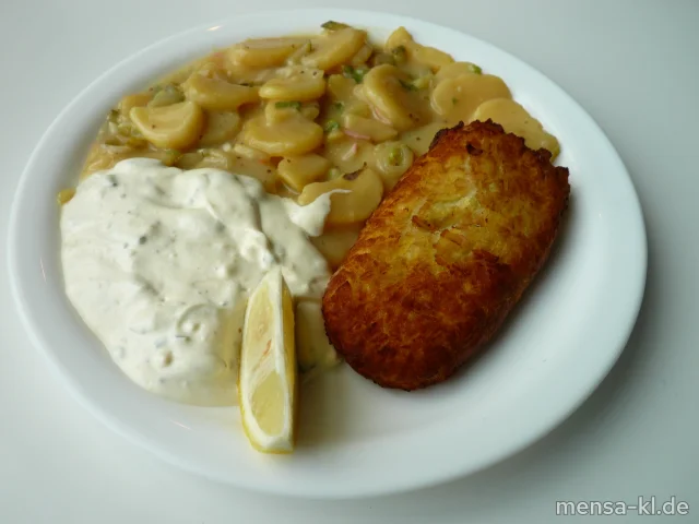Kartoffel-Cordon bleu mit Frischkäse und Kräutern gefüllt (2,3,V) mit Joghurt-Remoulade (1,V), Kartoffelsalat (V) und Salat (V)