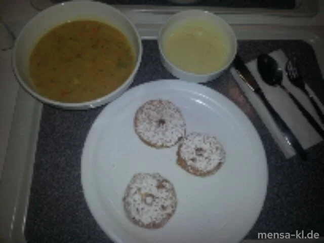 Pfälzer Kartoffelsuppe (V,A), dazu Apfelküchle (V) mit Vanillesoße (V)