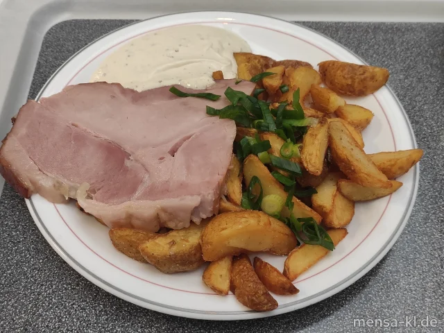 Grillschinken (2,3,8,S) mit Dijonsenf-Dip (1,9,Gl,Ei,La,Sf) und Potato-Wedges, dazu einen Beilagensalat nach Wahl
