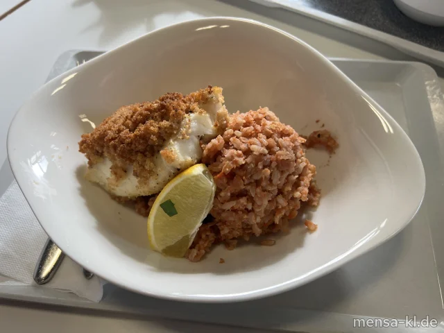 Kabeljaufilet mit einer Zitronen-Knoblauch-Kruste (Fi,Gl), dazu Tomaten-Vollkornreis und frischer Koriander