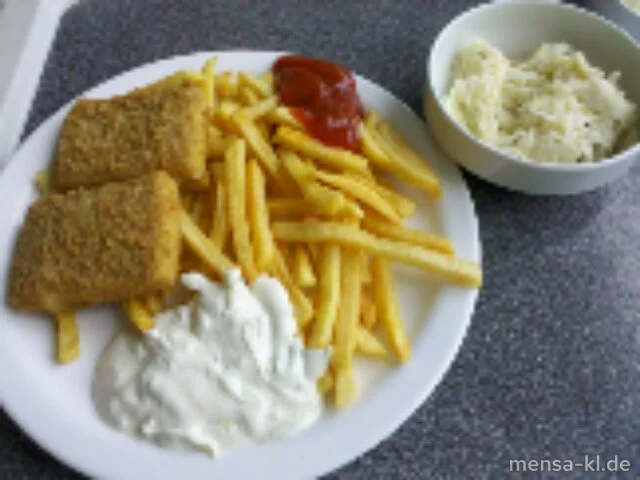 Gebackener Feta (V), Tzatziki (V), Pommes-Frites (V) und Krautsalat mit Paprikastreifen (V)