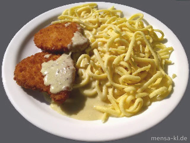 Schnitzel "Valess" (V) mit Frischkäse-Kräutersoße (V,A), Spätzle (V) und Salat (V)