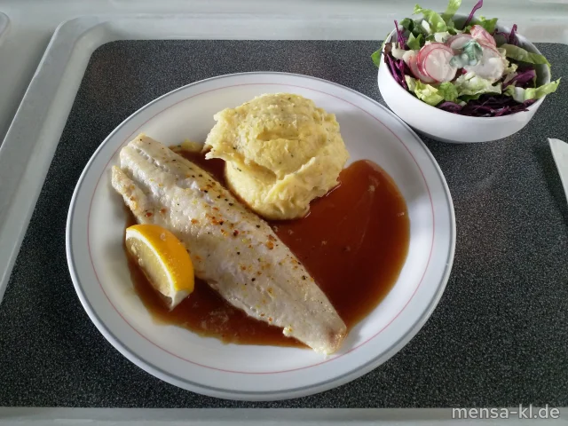 Gebratener Zander (Fi) mit Holunder-Jus und Wildkräuter-Kartoffelpüree (5,La,Sw), dazu ein Beilagensalat nach Wahl