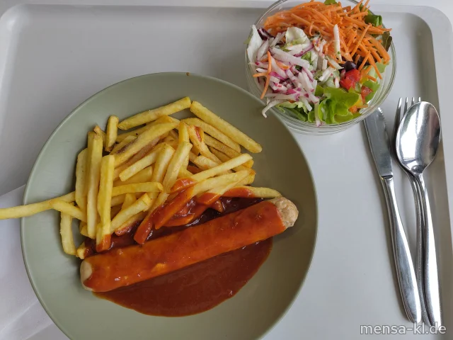Vegane Rostbratwurst mit Currysoße (Sl,Sf) und Pommes frites, dazu Salat (1,5,Gl,Nu,Sw,Sf)
