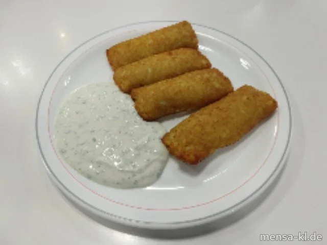 Kartoffeltaschen mit Frischkäse gefüllt (La,V), dazu Kräuterquark (La,V) und Salat (V)