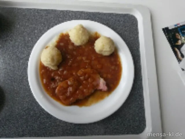 Kaiserbraten (S,Lfrei) mit Zwiwelsoße (Lfrei,A), Schneebällchen (5,Lfrei) und Salat (Lfrei)