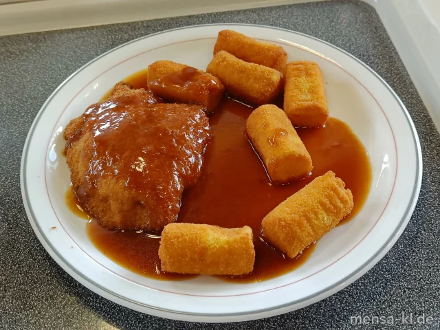Hähnchen-Cordon-bleu mit Truthahnschinken und Käse gefüllt (1,2,Gl,La,G) mit Bratensoße (1,Gl,Sf), Kroketten (Gl) und Salat