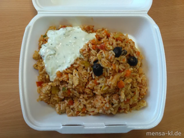 Griechische Reispfanne (3,6) mit Putengyros (G) und Tzatziki (1,9,Gl,Ei,La,Sf)