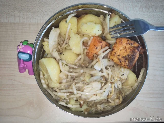 Ofen Fenchel-Kohlrabi in Kräutermarinade mit Thymian-Lachs (Fi), Dampfkartoffeln (5,La,Sw), dazu Salat