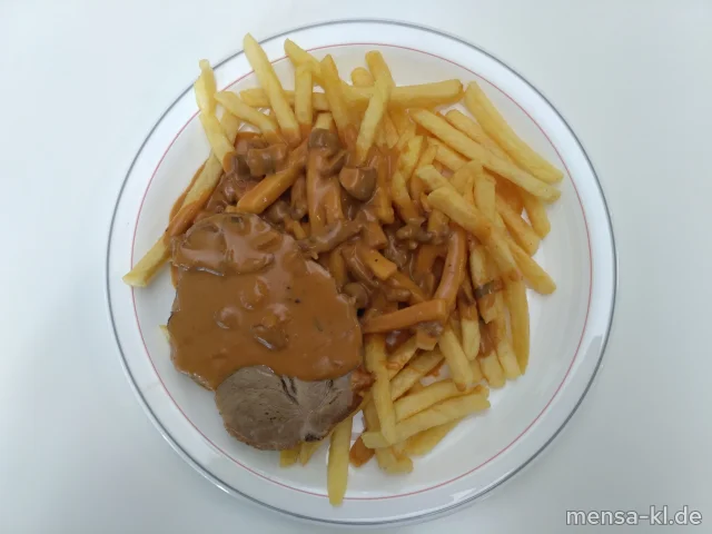 Rahmbraten (S) mit Brasilsoße (Gl,La), Pommes frites und Salat