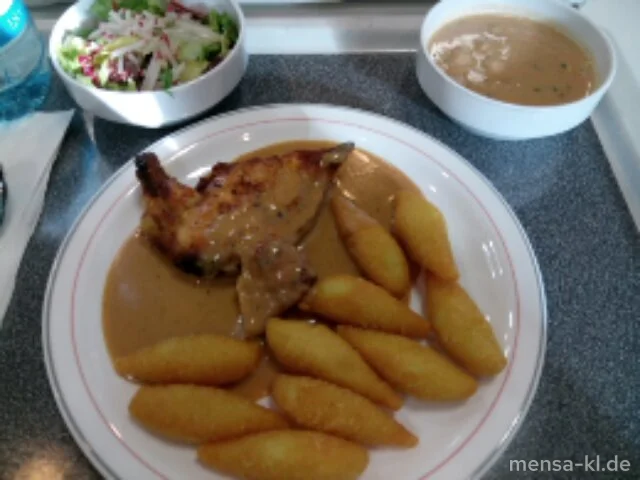 Hähnchenbrust Suprême (G) mit Orangen-Lebkuchensoße (3,Gl,La,G), Zapfenkroketten und Wildkräuter-Salat in Balsamico-Senf-Dressing (1,5,Sw,Sf)
