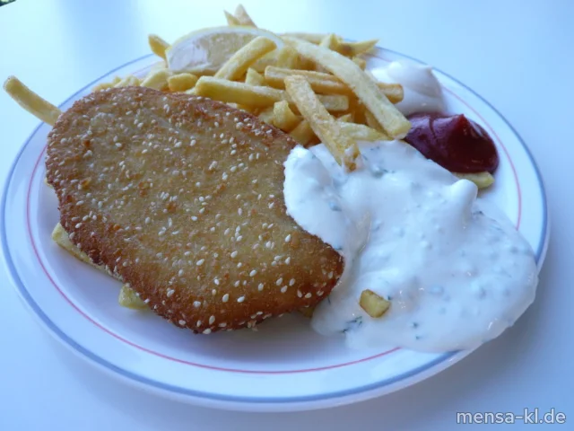 Sellerieschnitzel (Gl,Ei,Sl,Se,V) mit Schnittlauch-Dip (La,V), Pommes frites (V) und Salat (V)