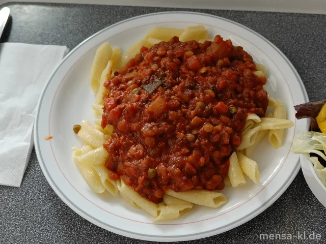 Linsenbolognese (Sl) mit Penne Rigate (Gl), dazu einen Beilagensalat nach Wahl